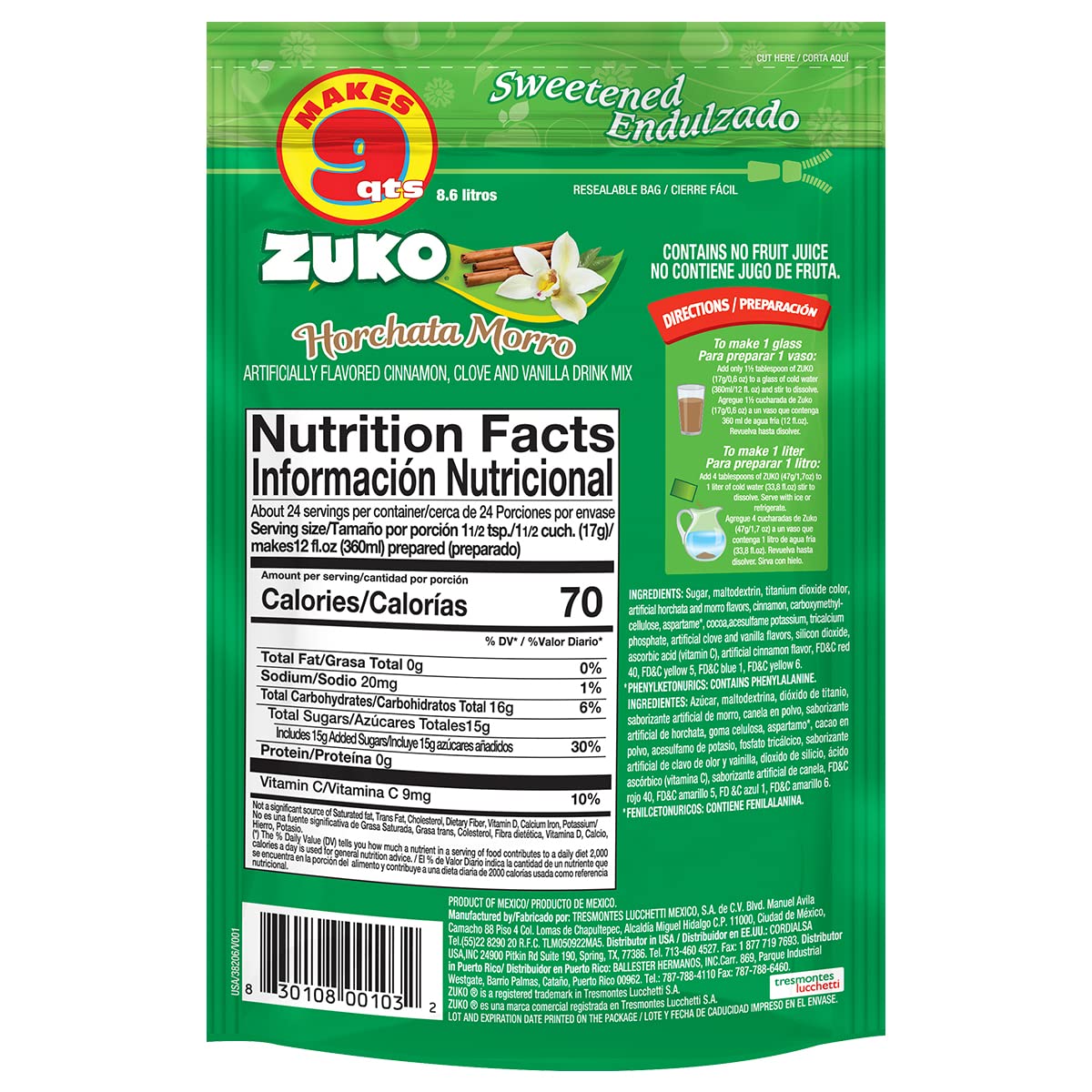 Zuko Horchata Morro Instant Powder Drink | Family Pack | No Sugar Needed | Vitamin C | 14.1 Ounce (Pack of 6)