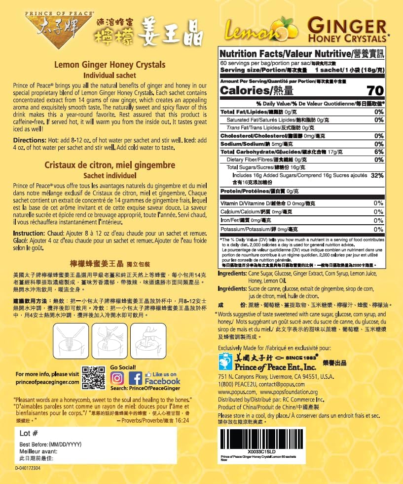Prince Of Peace Instant Ginger Honey Crystals, 60 Sachets Twin Packs - Instant Hot Or Cold Beverage That Soothes Throat - Easy T