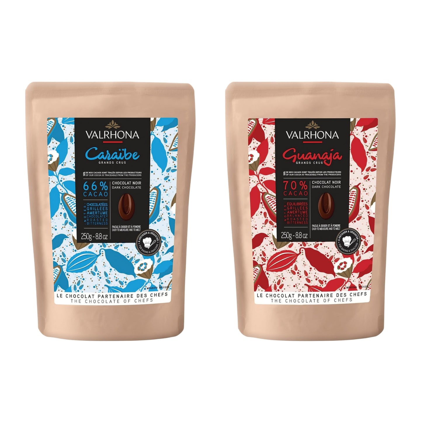 Valrhona Top-Grade Baking Chocolate Discs (Feves)  Dark Chocolate Carabe 66% Cacao Grand Cru Blend  And Dark Chocolate Guanaja 70% W/Intense & Smooth With Bitter Notes  For Cookies  Cakes  And More