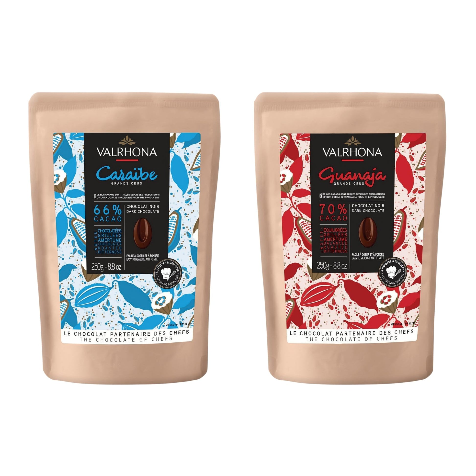 Valrhona Top-Grade Baking Chocolate Discs (Feves)  Dark Chocolate Carabe 66% Cacao Grand Cru Blend  And Dark Chocolate Guanaja 70% W/Intense & Smooth With Bitter Notes  For Cookies  Cakes  And More