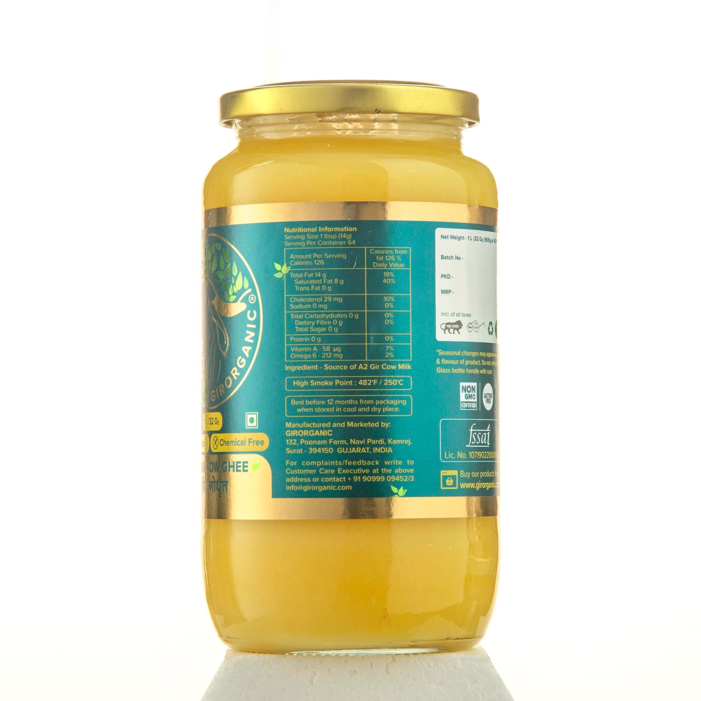 GirOrganic Grass Fed A2 Ghee| Clarified Butter (32 Oz) - Unsalted Gir Cow Ghee Butter - Organic Ghee Oil - Pasture Raised  Lactose-Free 32 Oz