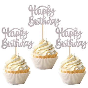 36 Pcs Happy Birthday Cupcake Toppers Glitter Birthday Cupcake Picks Decorations For Celebrating Birthday Party Supplies Silver