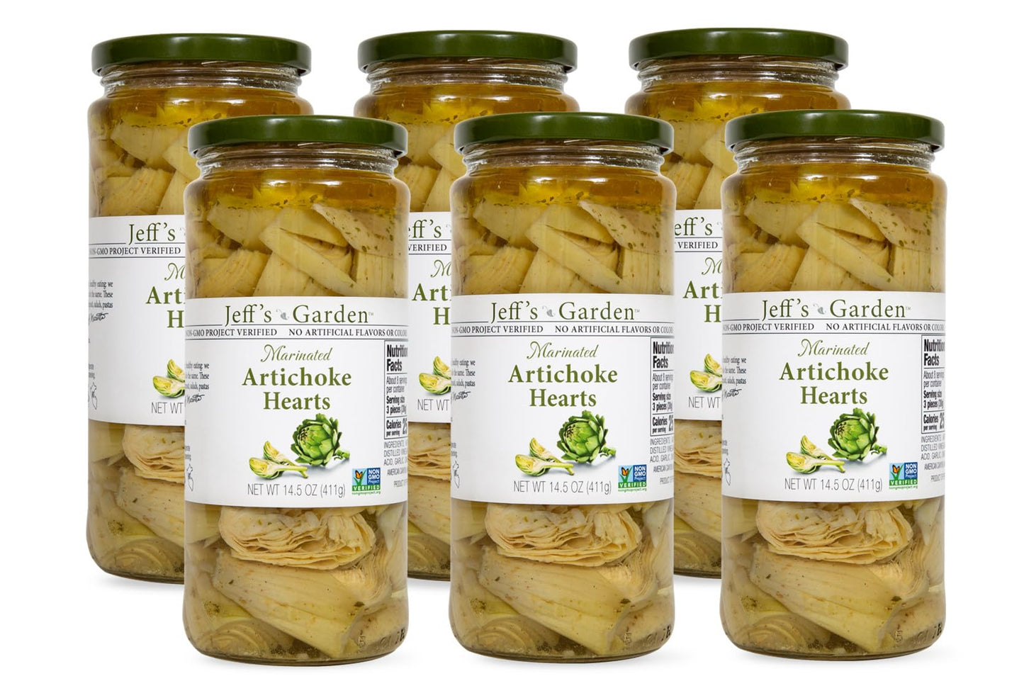 Jeff's Garden Marinated Artichoke Hearts | Non-GMO, Keto, Vegetarian, Kosher | 14.5 Ounce Jar (Pack of 6)