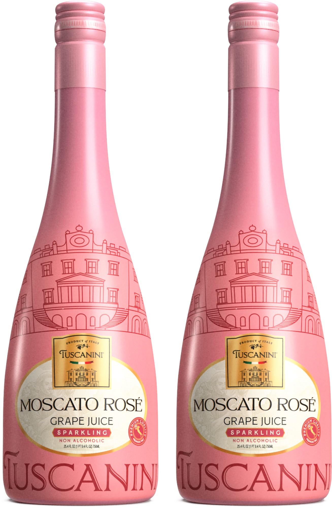 Tuscanini Italian Moscato Rose Sparkling Grape Juice - Non-Alcoholic - 25.3oz (2 Pack) - Elegant Champagne Bottle - Kosher