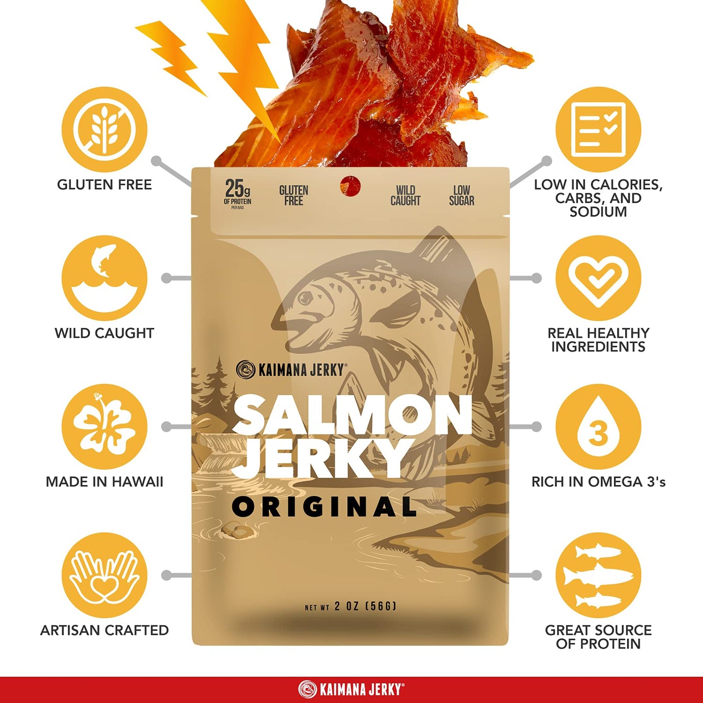 Kaimana Jerky Wild Caught Salmon Jerky - Organic Seafood Snack - Low-Calorie, Gluten-Free - 3 Pack (2 oz Each)