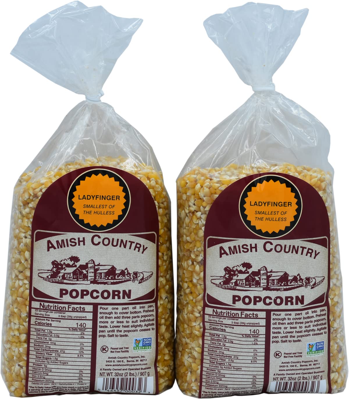 Amish Country Popcorn | 2-2 Lb Bags - Ladyfinger Kernels | Old Fashioned, Non-Gmo And Gluten Free
