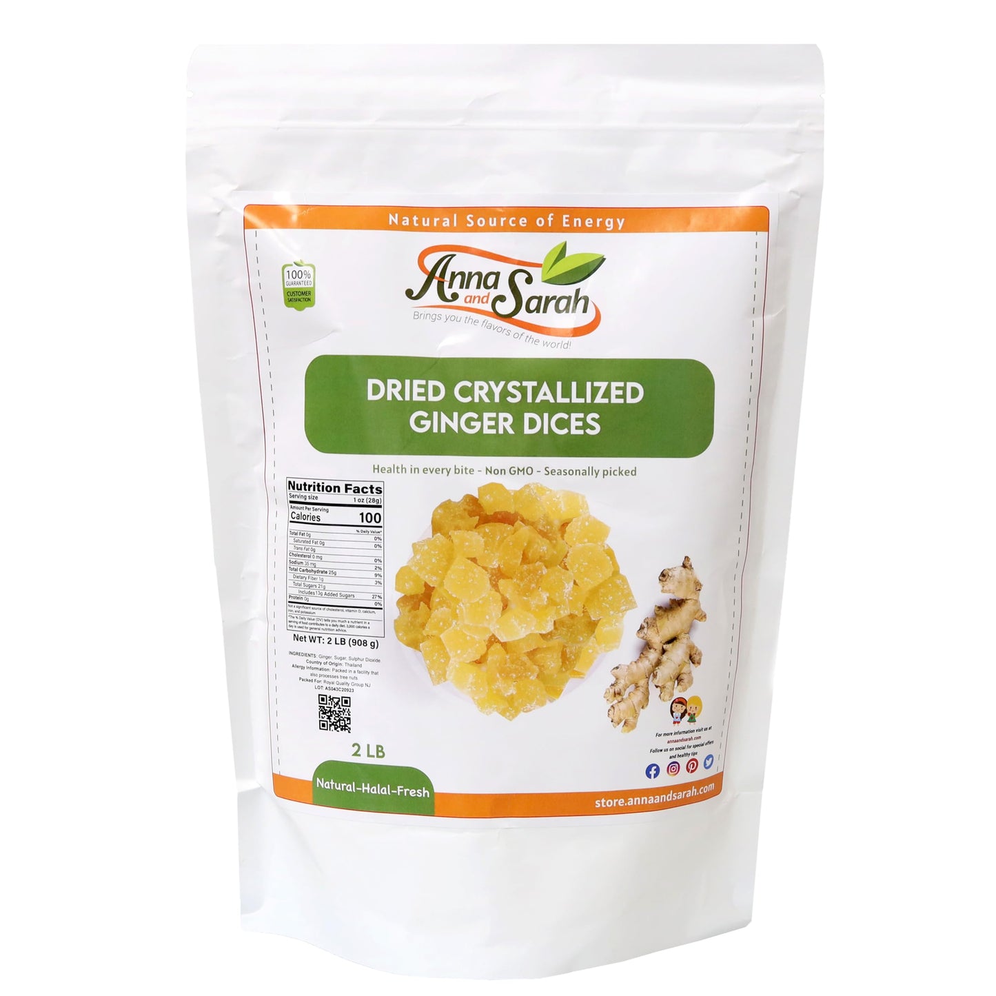 Anna and Sarah Dehydrated Ginger Chunk Non GMO, Gluten Free, High In Fibers in Resealable Bag, 2 Lbs