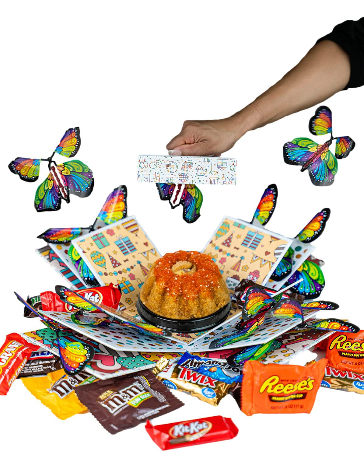 Birthday Explosion Box Gift With Flying Butterfly Surprise By Send A Cake, Vegan Carrot Bundt Cake & Candy - Birthday, Holiday, Special Occasion – Gift For Women, Men, Mature-Themeds, Kids