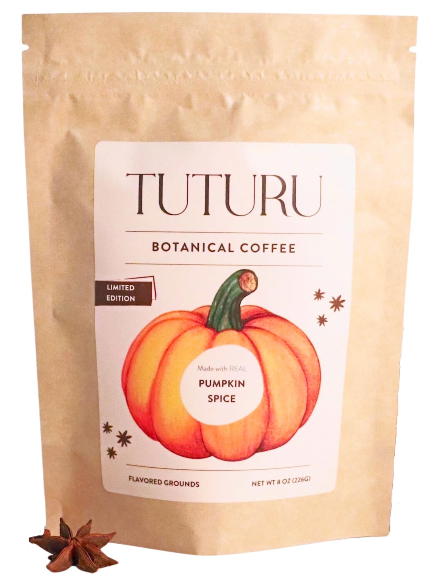 TUTURU Botanical Coffee Organic Pumpkin Spice Ground Coffee - Medium Roast, Low-Acid, 8 oz, 22 Servings