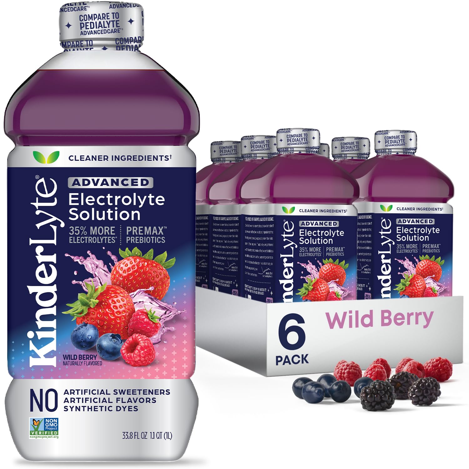 Kinderlyte Advanced Electrolyte Solution For Kids And Mature-Themeds - Hydration Drink (Wild Berry, 6 Count), With Premax Prebiotics, No Artificial Sweeteners Or Flavors, No Synthetic Dyes