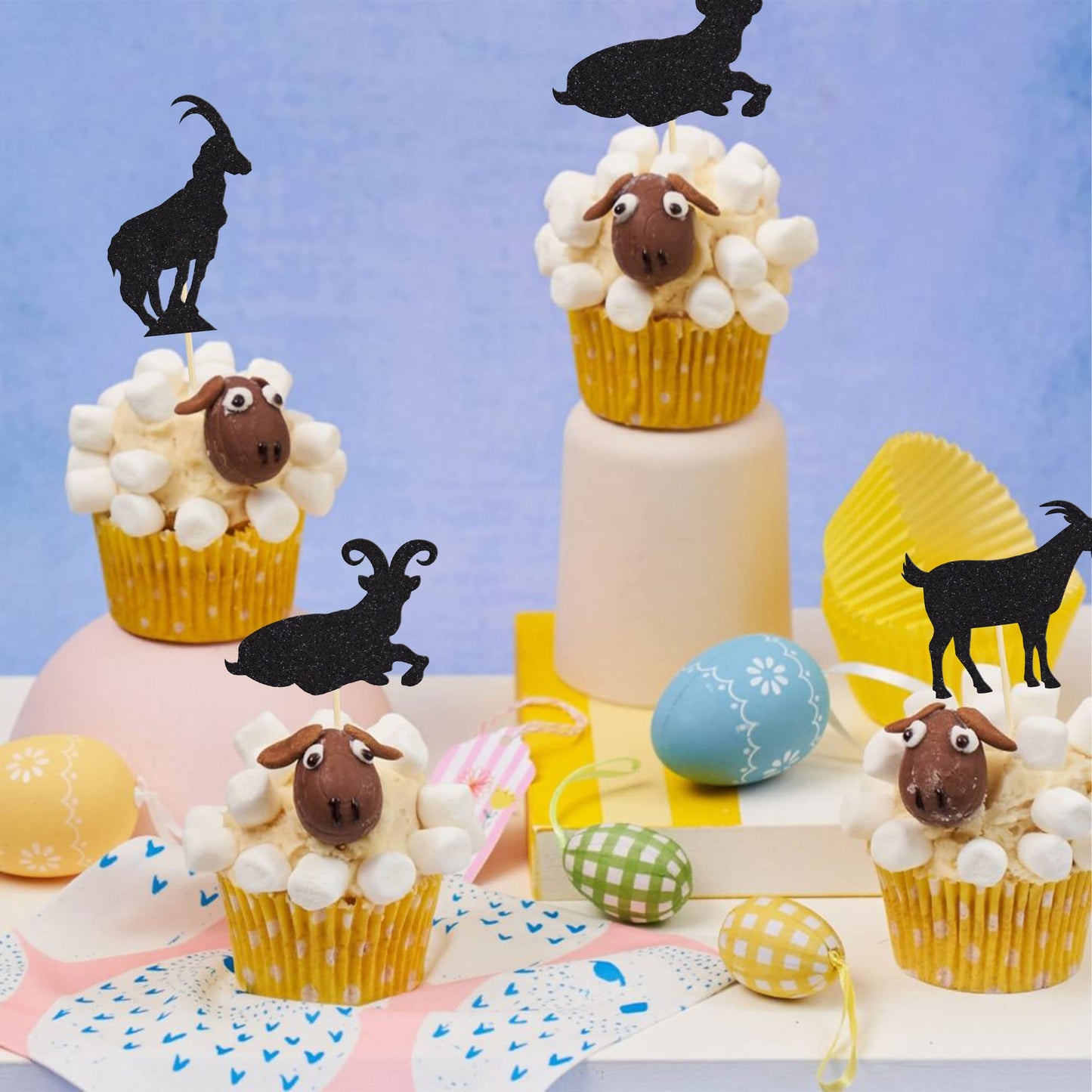 Gyufise 24Pcs Goat Cupcake Toppers Black Glitter Sheep Cupcake Picks Animal Goat Cake Decorations For Baby Shower Kids Birthday