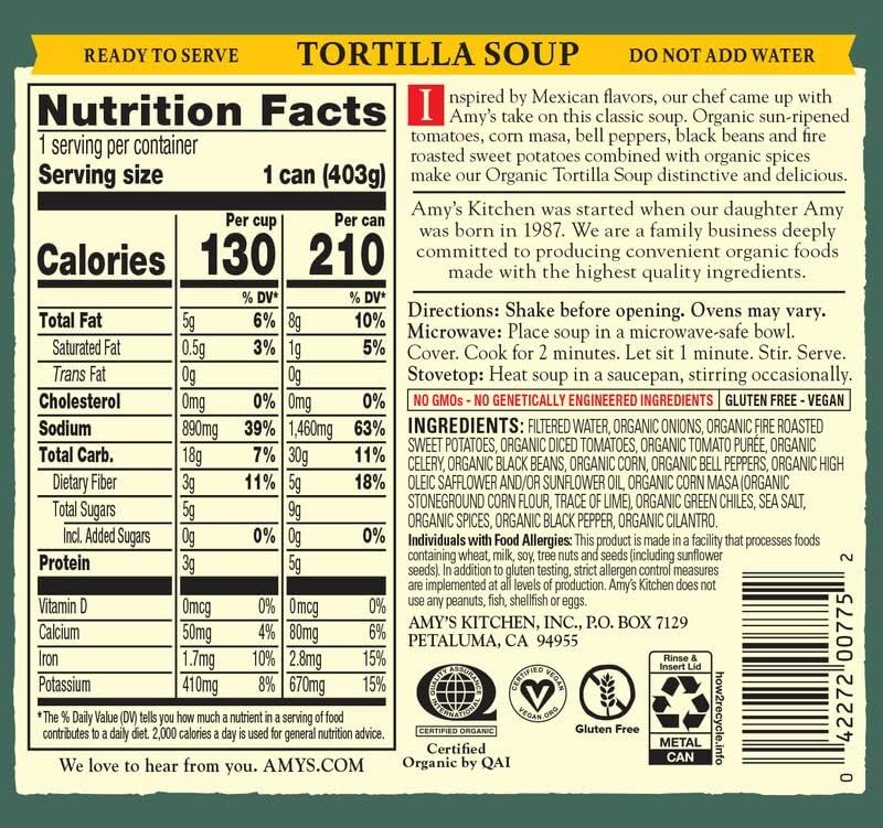 Amys Soup, Vegan Tortilla Soup, Gluten Free, Made With Fire Roasted Sweet Potatoes, Canned Soup, 14.2 Oz (12 Pack)