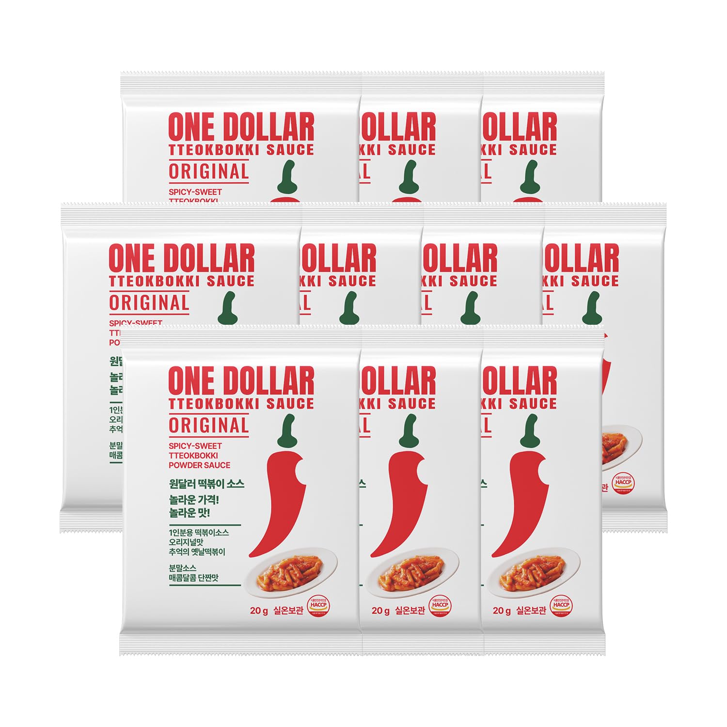 One Dollar Tteokbokki Sauce Mix (10 Pack,1 Serving Each), Level 2 Original, Authentic Korean Powder Sauce for Rice Cakes, Stir-F
