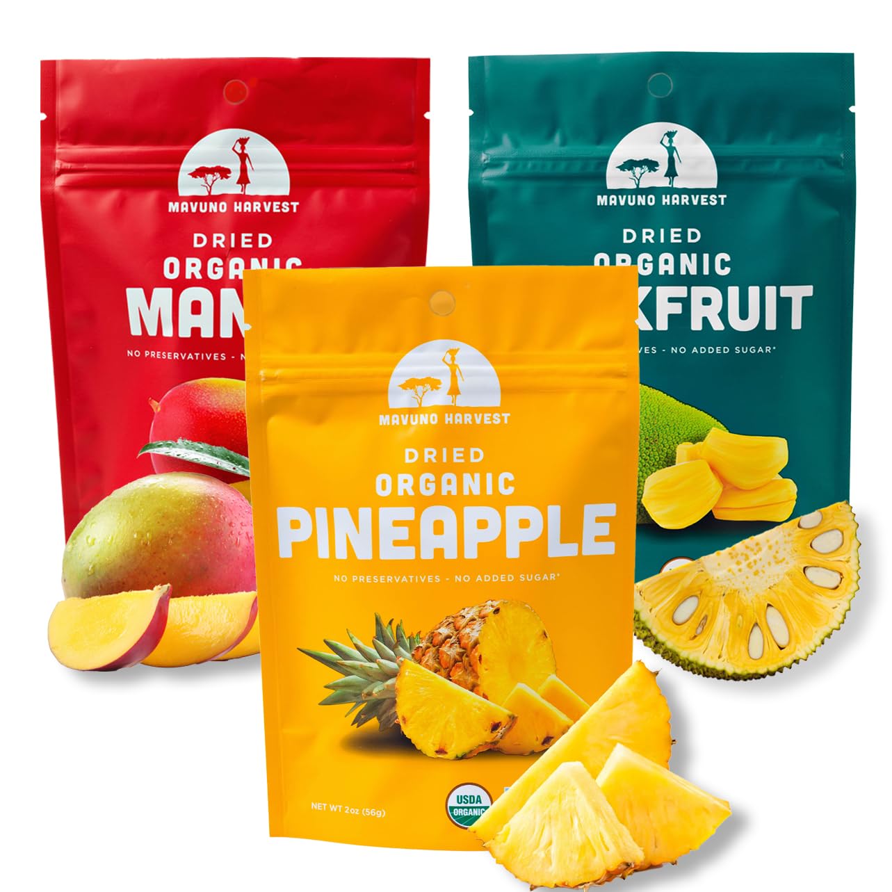 Mavuno Harvest Organic Dried Fruit Variety Pack | Dried Mango  Pineapple  and Jackfruit | Healthy  Vegan  No Sugar Added  Non GMO Snacks for Kids & mature-themeds | 2 Ounce  Pack of 3