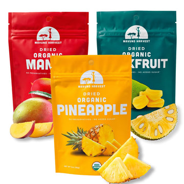 Mavuno Harvest Organic Dried Fruit Variety Pack | Dried Mango  Pineapple  and Jackfruit | Healthy  Vegan  No Sugar Added  Non GMO Snacks for Kids & mature-themeds | 2 Ounce  Pack of 3