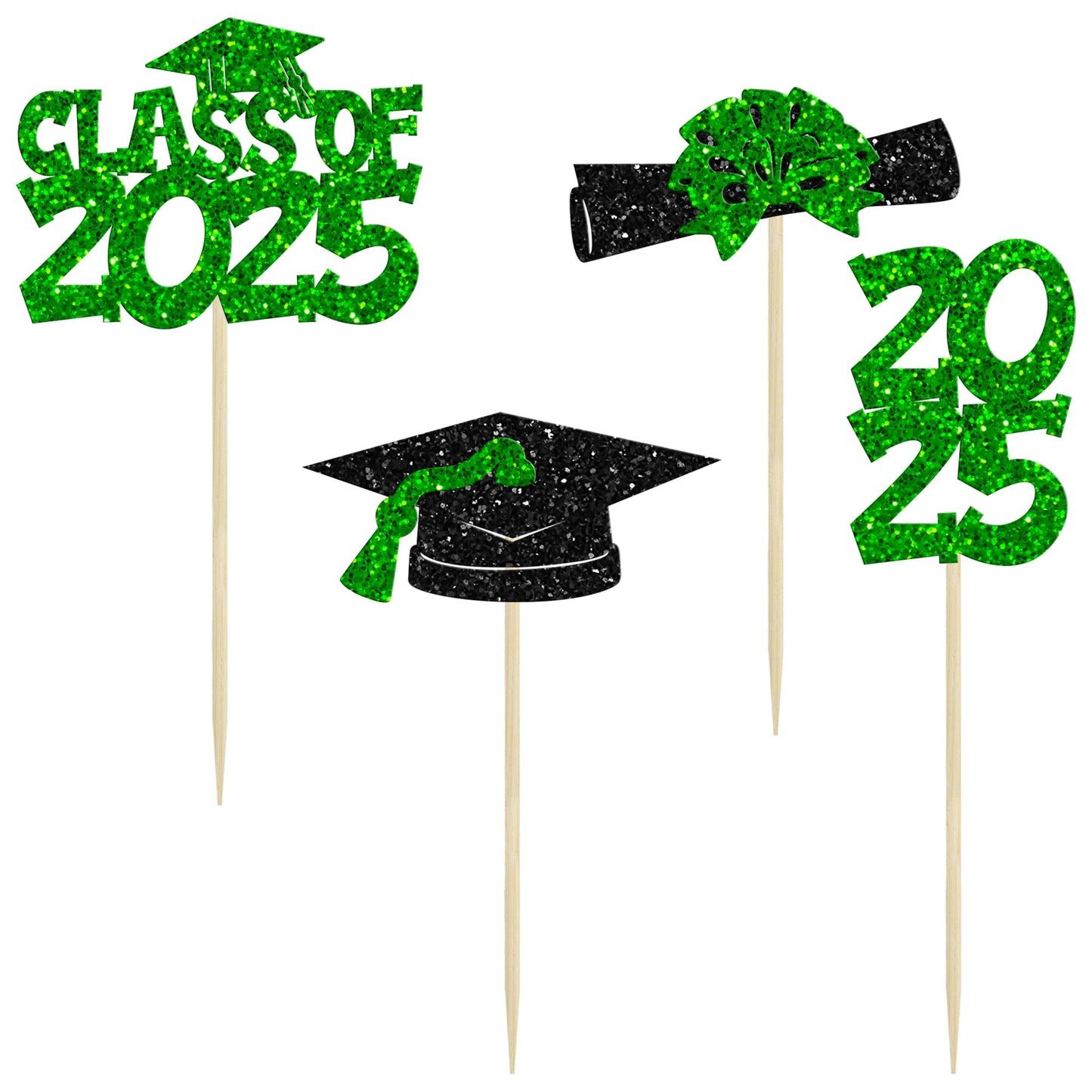 Ephlyn Graduation Cupcake Toppers, 36 Pcs, Glitter Class of 2025, Diploma & Cap Picks, Green