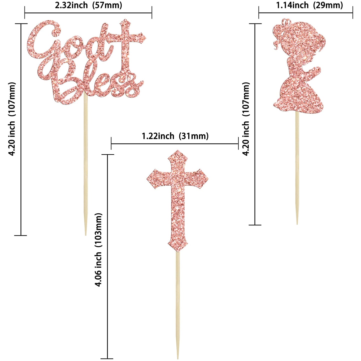 Gyufise 24Pcs Rose Gold Glitter Girl God Bless And Baptism Cupcake Toppers Cross Babyshower Cupcake Picks First Communion Christ