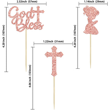 Gyufise 24Pcs Rose Gold Glitter Girl God Bless And Baptism Cupcake Toppers Cross Babyshower Cupcake Picks First Communion Christ