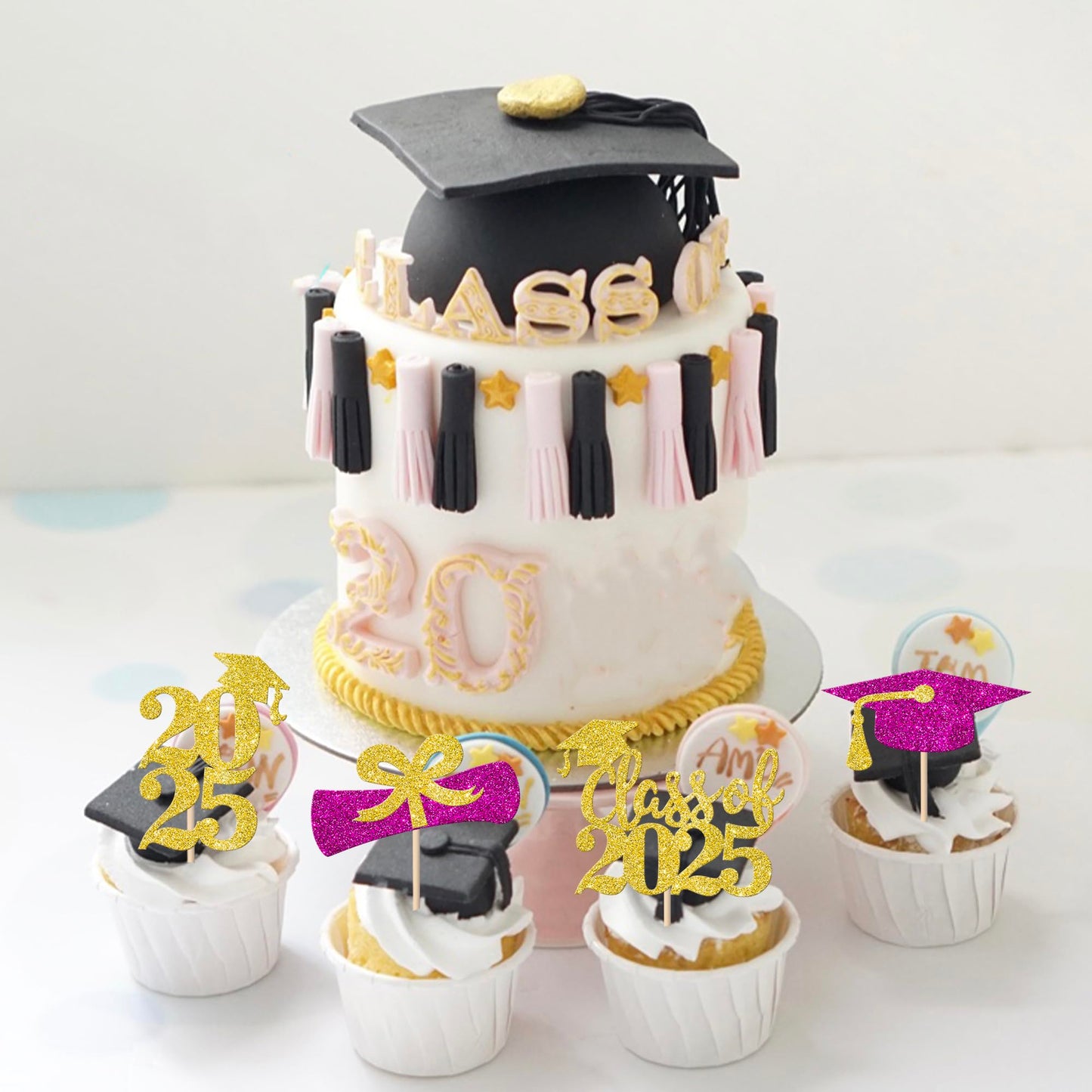 YCTHUNFISH Graduation Cupcake Toppers, 24 Pack, Glitter 2025, Diploma & Grad Cap Picks, Gold Purple, Ideal for 2025 Graduation Party Decor