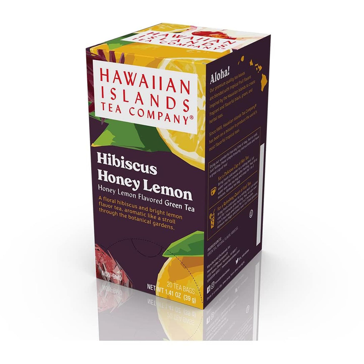 Hawaiian Islands Tea Company Hibiscus Honey Lemon Tropical Green Tea, All Natural - 60 Teabags (3 Boxes)