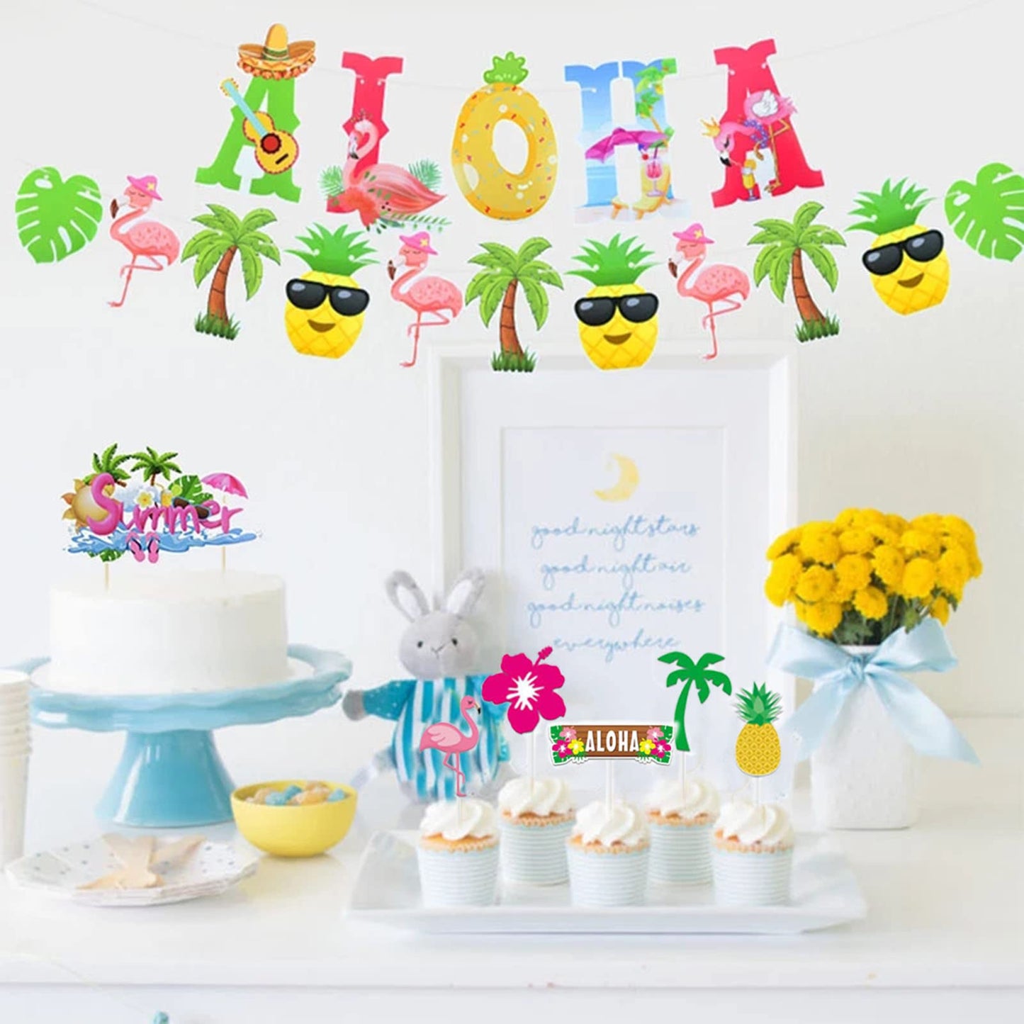 Morofme 24Pcs Tropical Cupcake Decoration, Hawaiian Luau Aloha Cupcake Toppers Cake Picks With Flamingo Pineapple Palm Leaves Hi