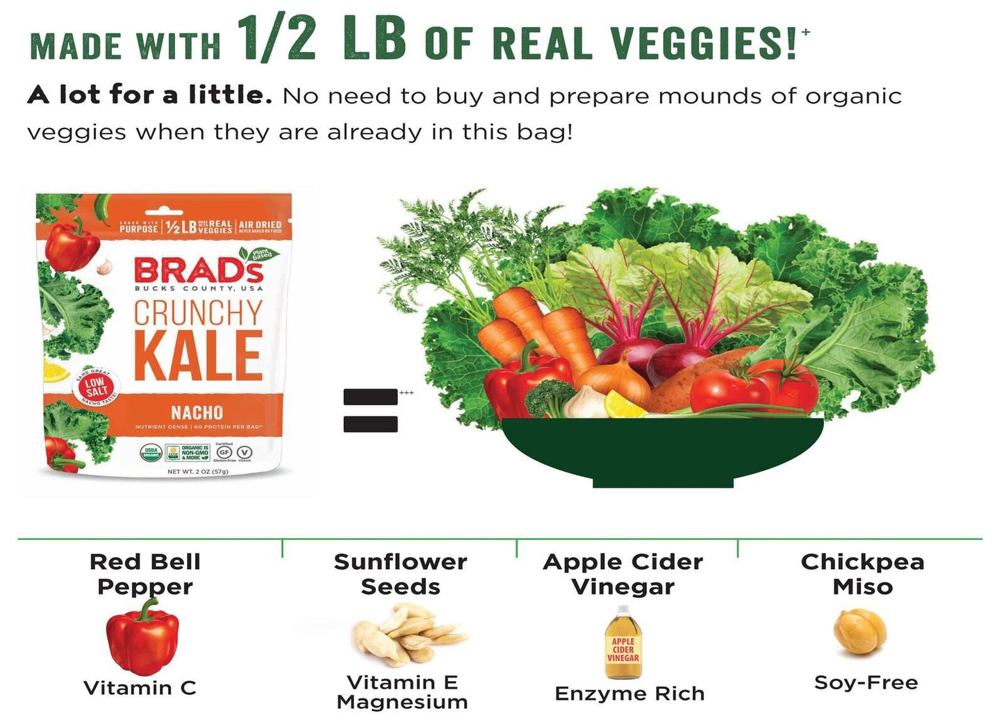 Brads Plant Based Organic Crunchy Kale, Nacho, Low Salt, 12 Bags, 24 Servings Total