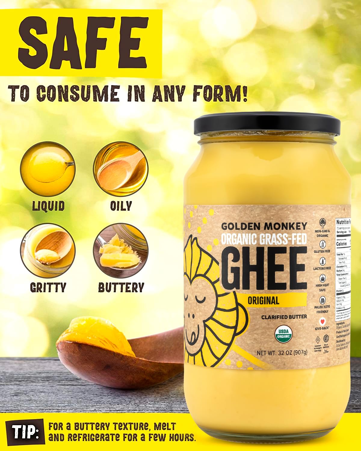 GOLDEN MONKEY Organic Ghee Butter - Grass Fed Clarified Butter for Cooking, Baking, Keto & Gut Health - Ghee Butter Organic Gras