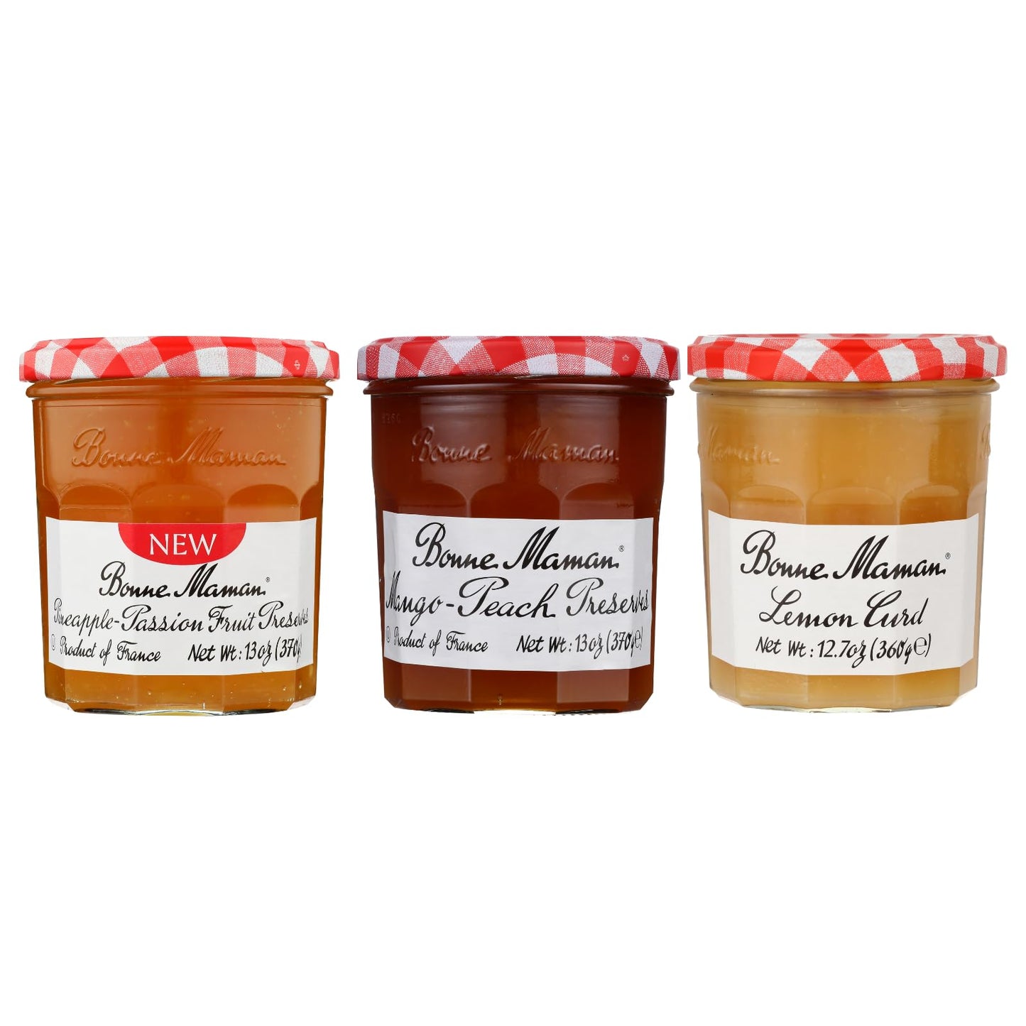 Bonne Maman Summer Variety Pack (Pineapple-Passion Fruit Preserves, Mango-Peach Preserves, Lemon Curd), Pack of 3