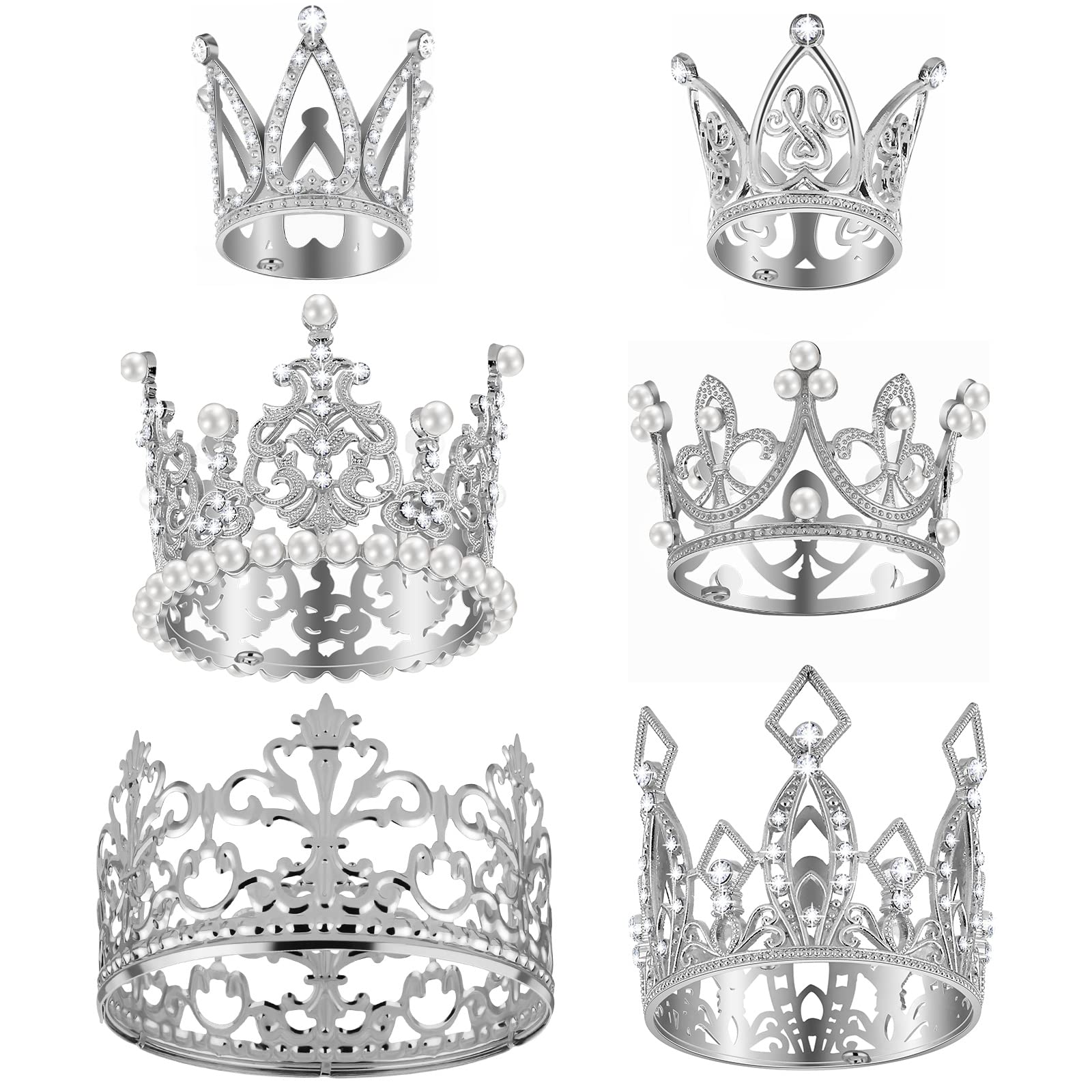 Ruisita 6 Pieces Silver Crown Cake Topper Vintage Pearl Rhinestone Crown Cake Topper Mini Tiara Cupcake Toppers Children Crown H