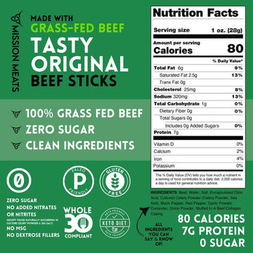 Mission Meats Beef Sticks - 100% Grass Fed & Pasture Raised, Zero Sugar, Gluten Free, Individually Wrapped Healthy Snacks, Whole