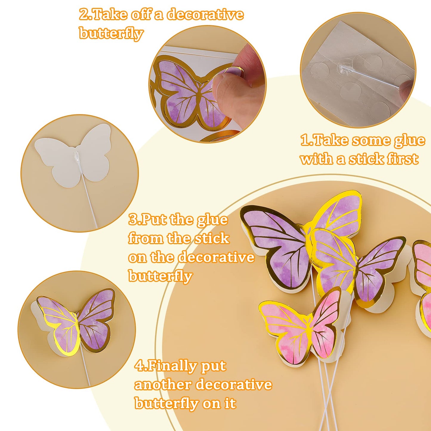 80Pcs Butterfly Cake Toppers Set Happy Birthday 3D Mixed Color Pink Purple Cupcake Picks Butterfly Cupcake Topper With Dot Glue