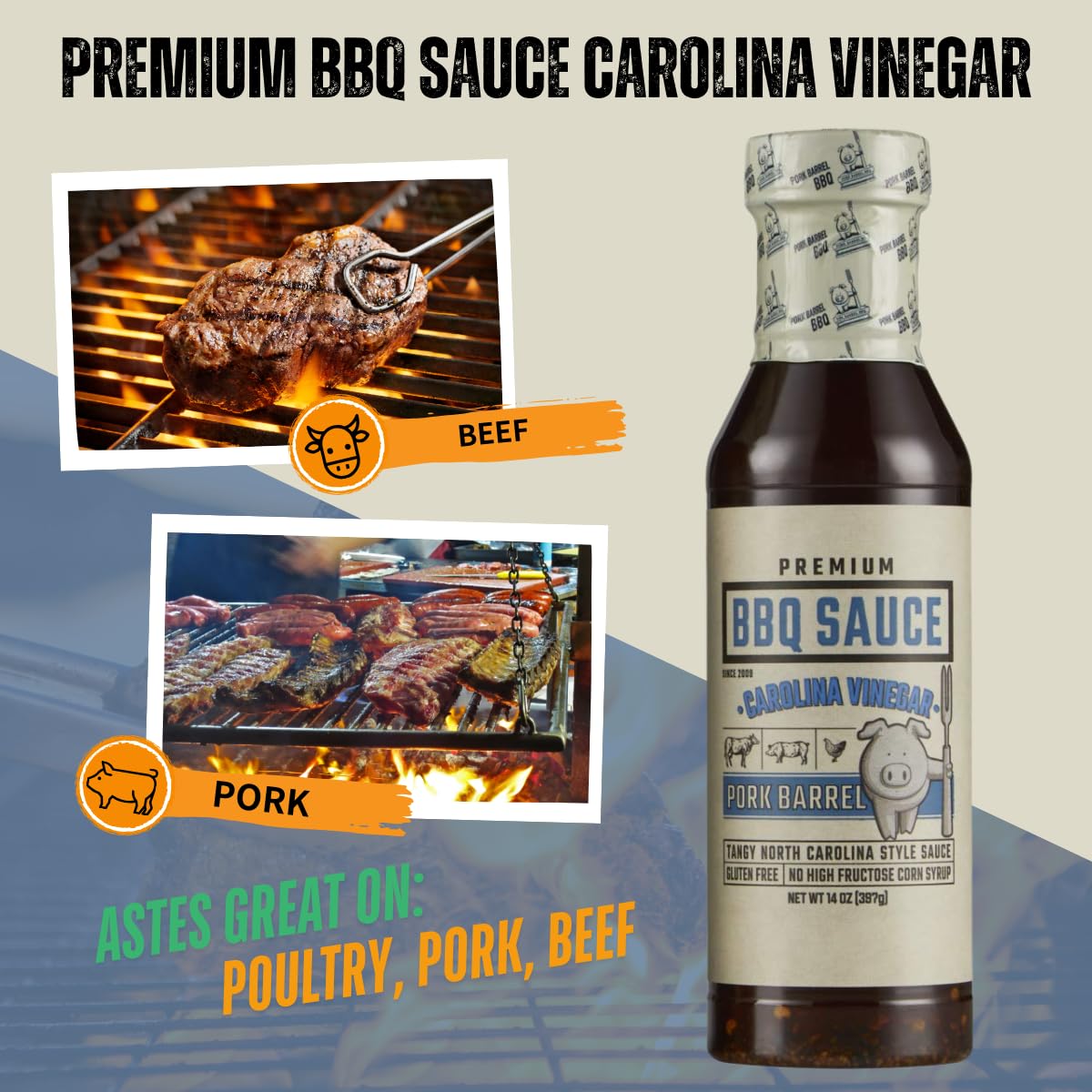 Pork Barrel BBQ Carolina Vinegar BBQ Sauce, Tangy, Gluten-Free, 14 oz - Pack of 2