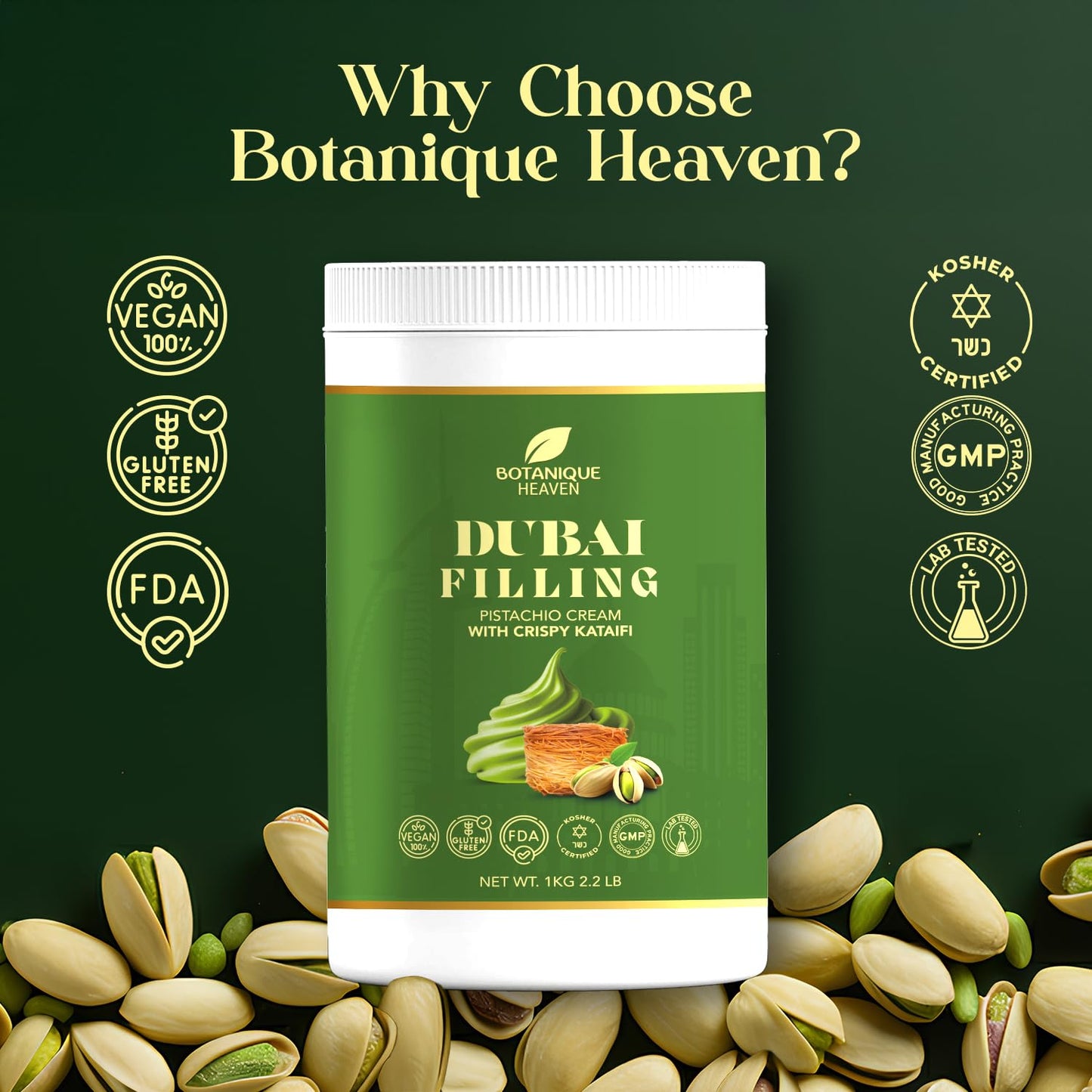 Botanique Heaven Pistachio Cream with Crispy Kataifi   2.2 lb (1 kg) Bulk Tub - enhanced Dubai Chocolate Bar Filling & Knafeh Spread | Sweet Pistachio Dessert Cream Vegan  Halal  Kosher | GMP & FDA Facility