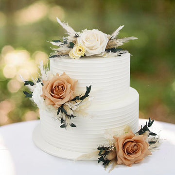 Rinlong 3Pcs Pre-Made Boho Cake Toppers Pampas Cake Decorations Birthday Wedding Cake Decorating Flowers Baptism Decor For Women