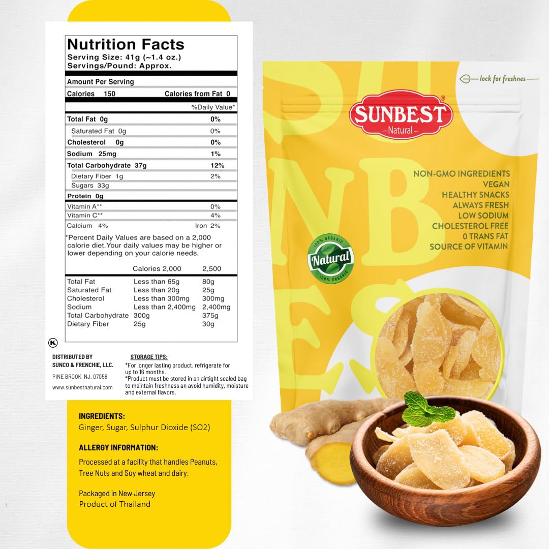 Sunbest Natural - Sliced & Candied Ginger, Crystallized Ginger for Baking and for Snacking, Vegan Dried Ginger, Non-GMO, Kosher