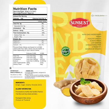 Sunbest Natural - Sliced & Candied Ginger, Crystallized Ginger for Baking and for Snacking, Vegan Dried Ginger, Non-GMO, Kosher