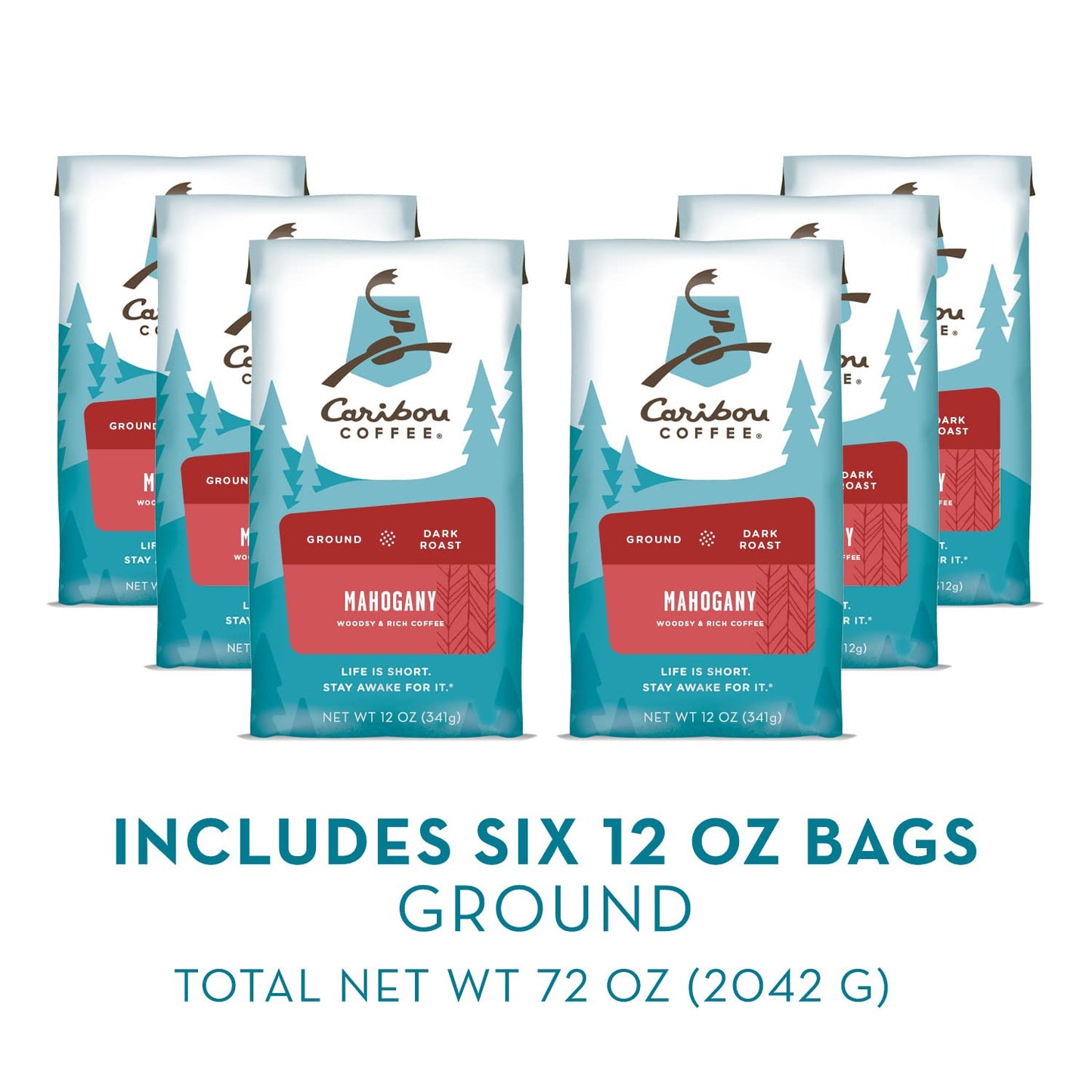 Caribou Coffee, Dark Roast Ground Coffee - Mahogany Blend 72 Ounces (6 Bags of 12 Ounces)