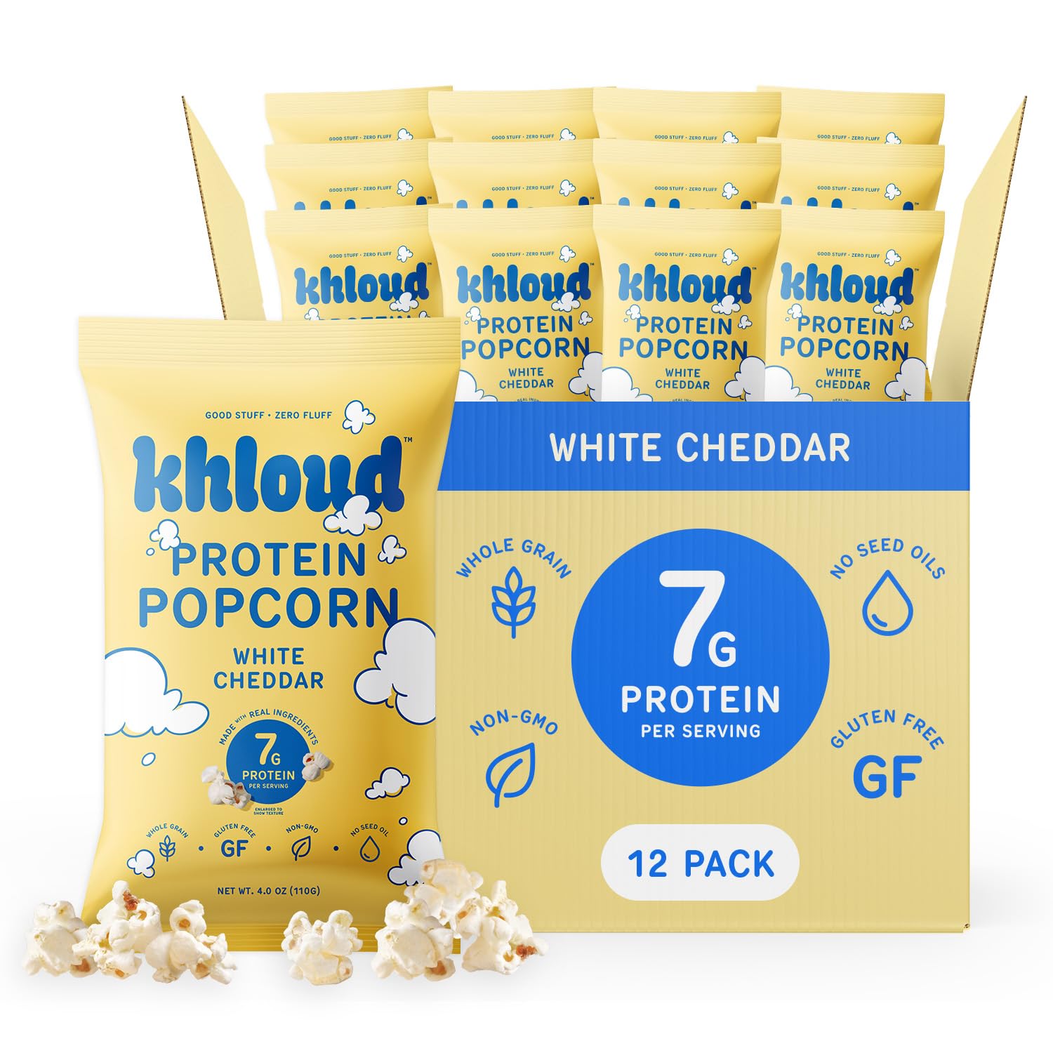 Khloud Protein Popcorn - White Cheddar - 7g Protein Snacks for Adults & Kids - Flavored Popcorn Made with Real Ingredients & Mil