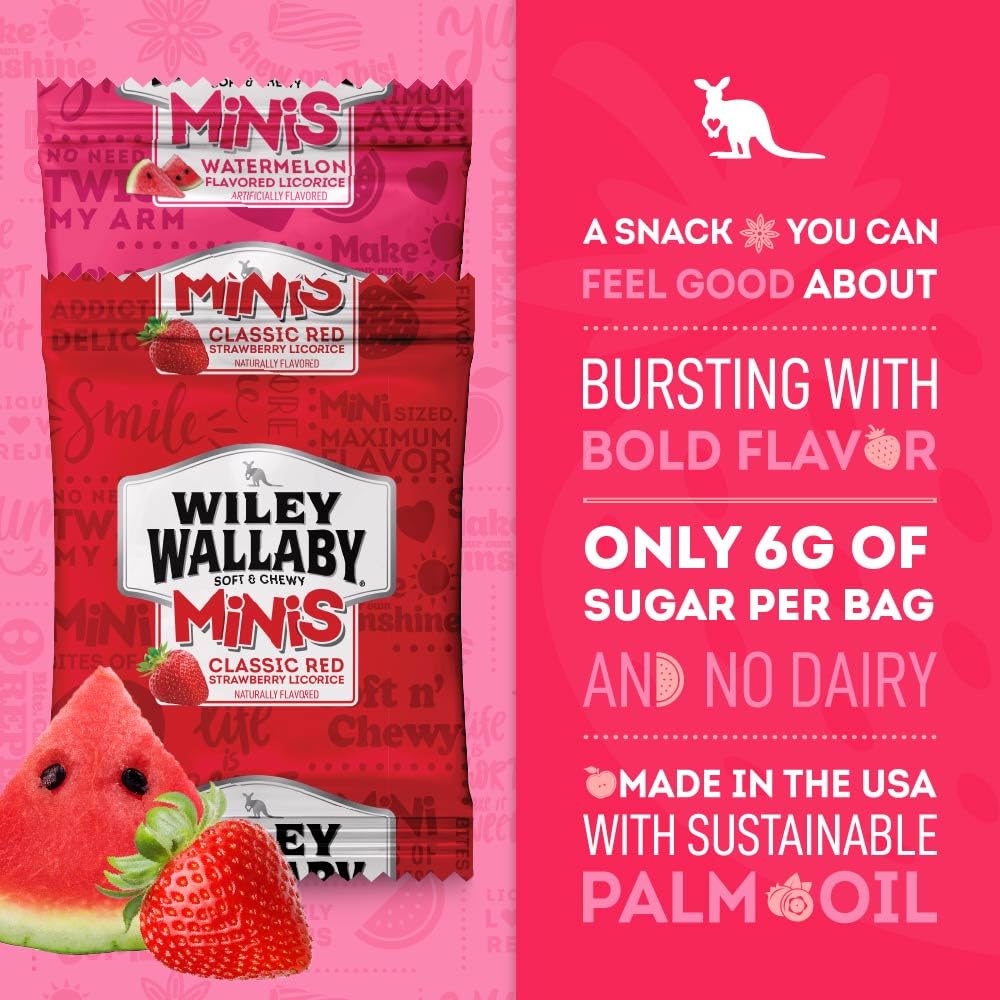 Wiley Wallaby Mini Licorice Bites 0.5 Ounce Classic Gourmet Soft & Chewy Australian Classic Red and Watermelon Licorice Candy Ba
