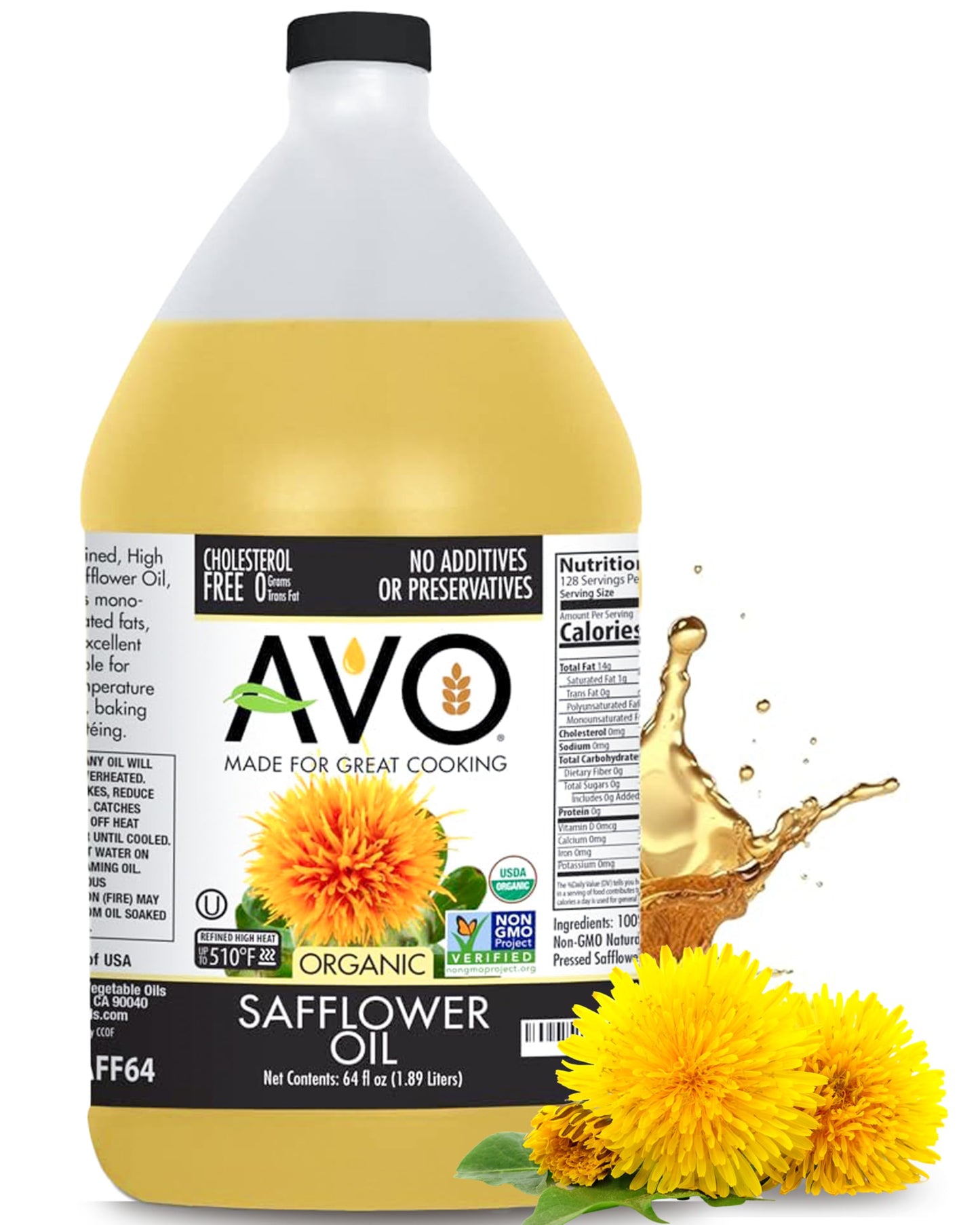 AVO Organic High Oleic Safflower Oil - Non-Stick Cooking, Baking, Frying - 64 Fl Oz (Half Gallon)