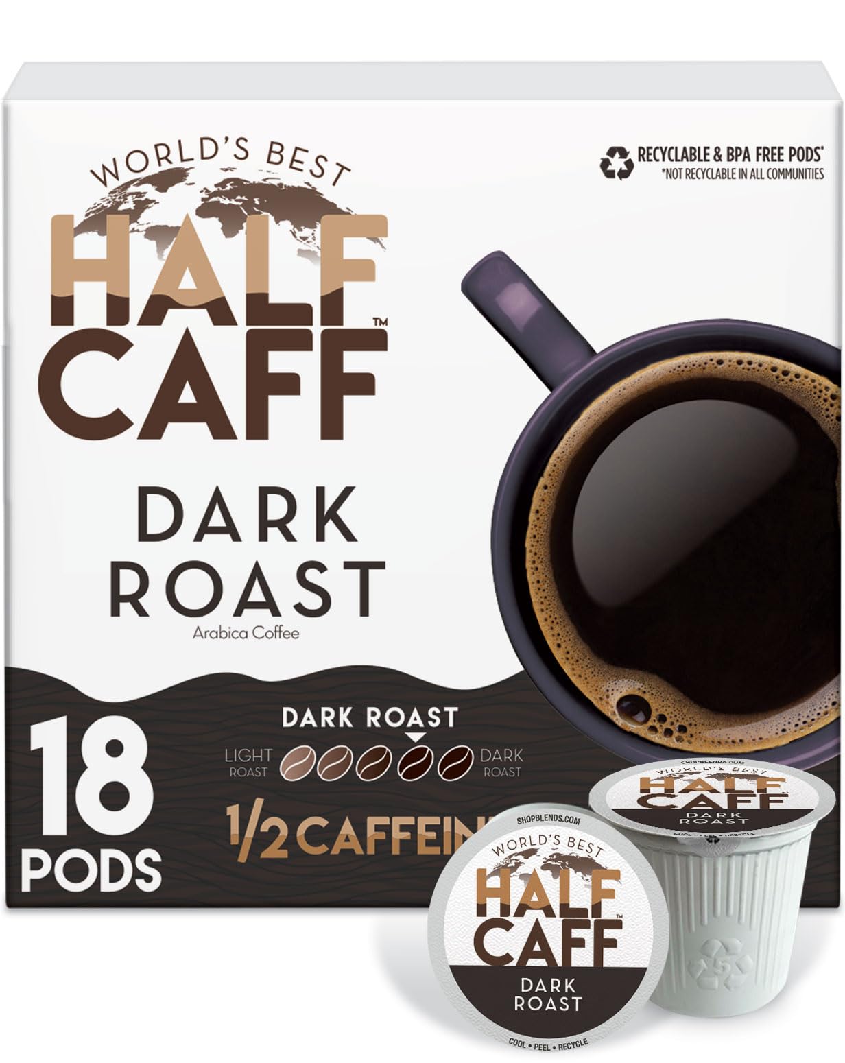 Worlds Best Half Caff Dark Roast Coffee Pods, 18 Count, Recyclable, Compatible with Keurig K Cups, 100% Arabica Coffee