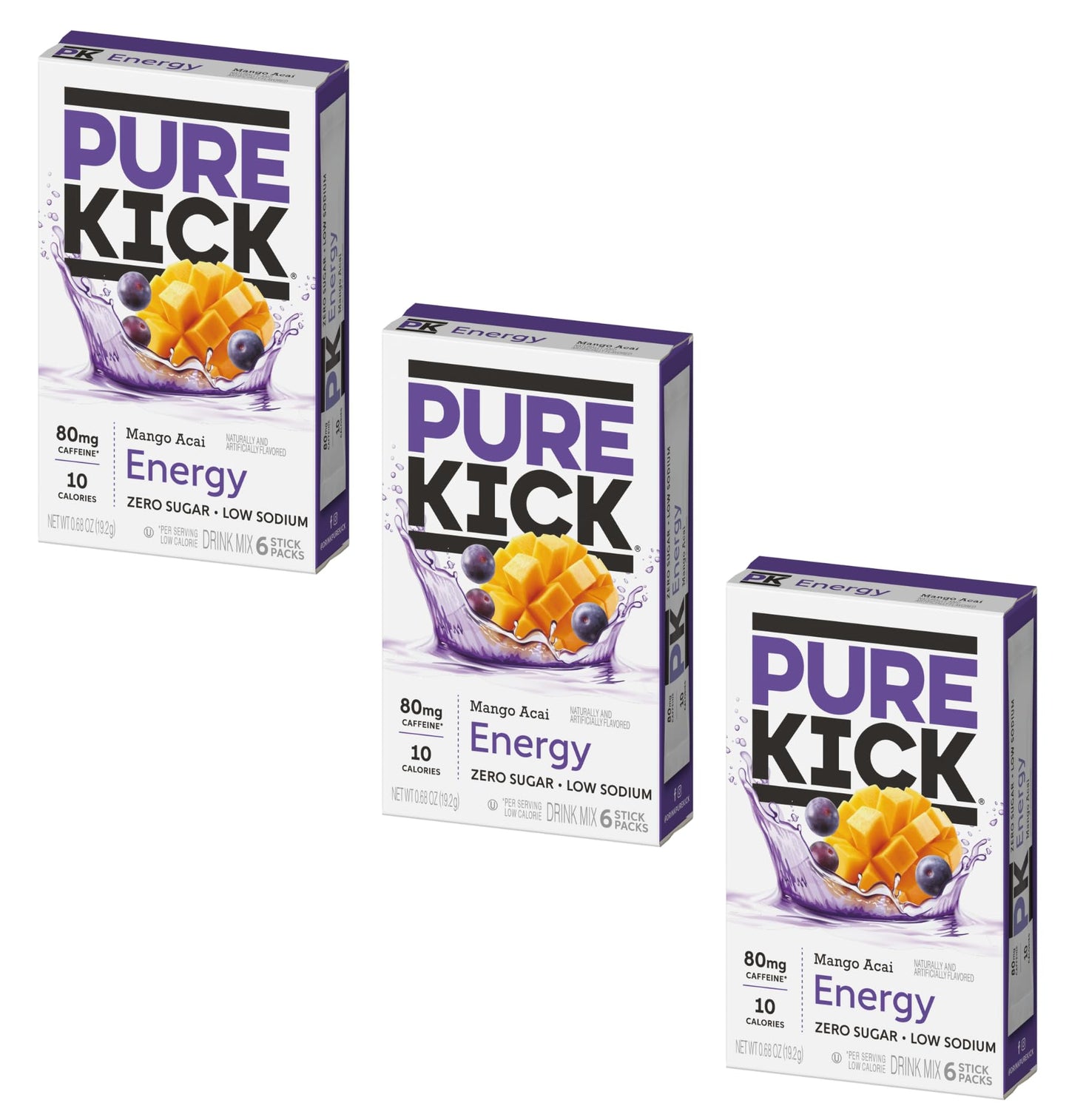 PURE KICK Energy Drink Mix Mango Acai - 18 Servings - 3 Boxes with 6 Packets Each - 0.63 Ounce (Pack of 3)