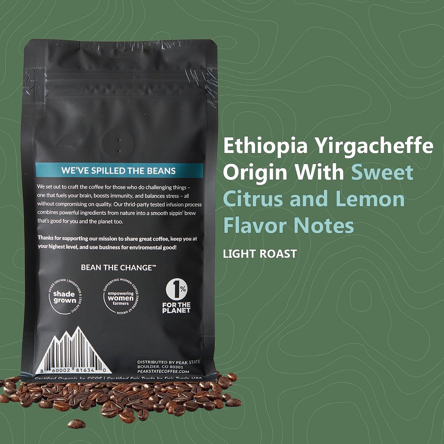 Peak State Coffee With Functional Mushrooms, Low Acid, Whole Bean (Focus, Boost Immunity, & Destress) (Brain Sustain)
