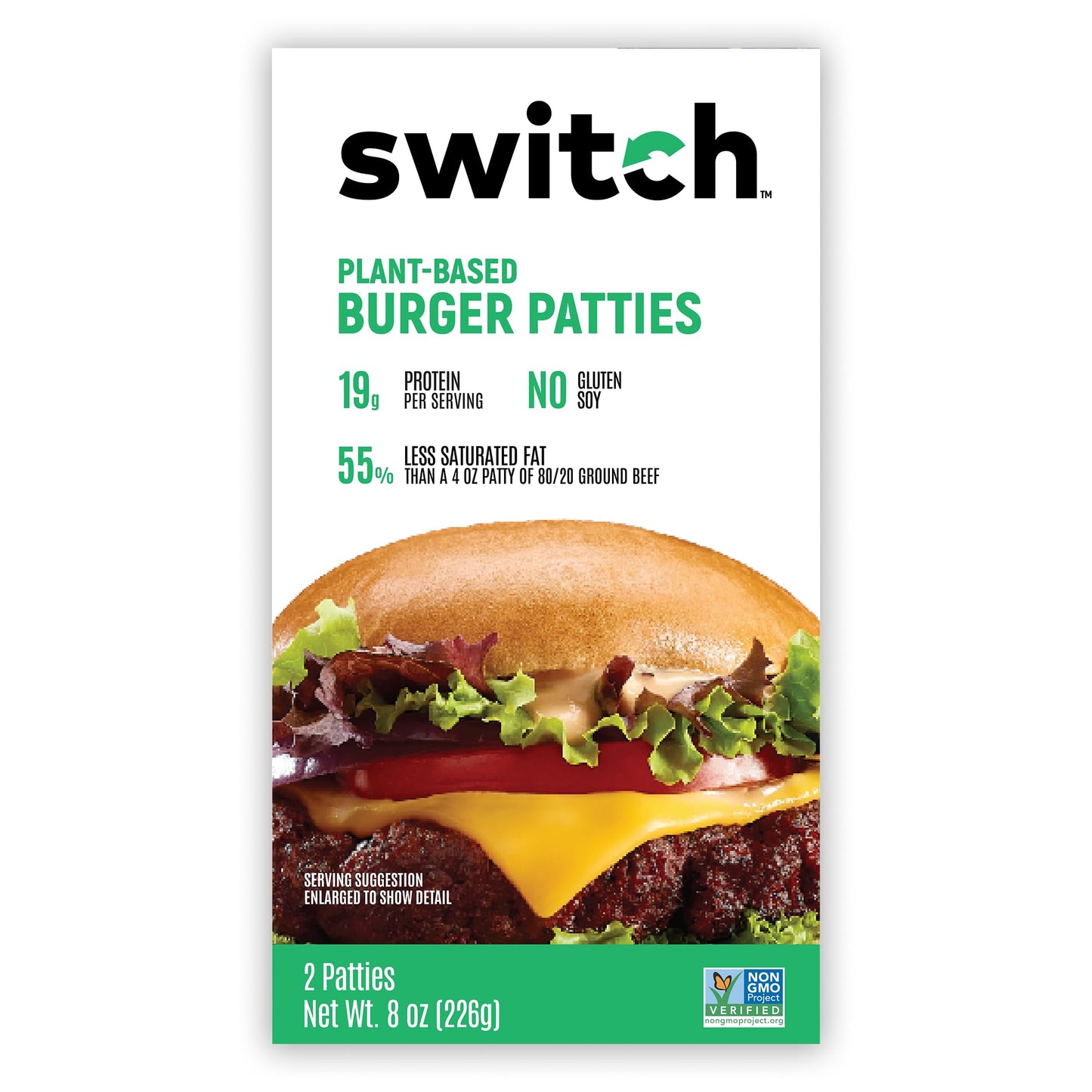 Switch Foods Plant-Based Burger Patties | High-Protein | Soy  Gluten  Gmo  Dairy & Allergen Free | 19G Protein | Kosher & Halal | 2 Pack | 8 Oz