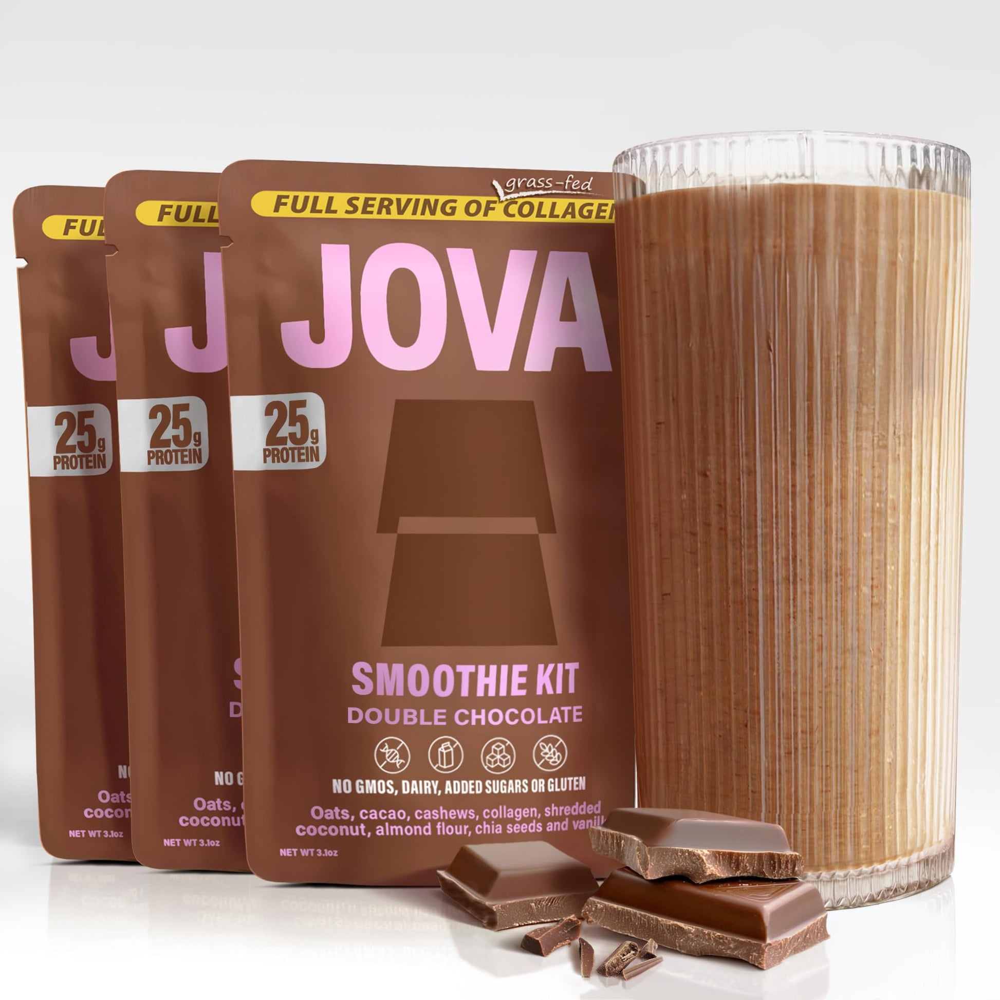 Jova All-In-One Nutritious Superfood Meal Replacement | Delicious Whole Food Blend: Oats  Cacao  Cashews  Collagen & Chia Seed (25G Protein  11G Fiber  2G Sugar) | Double Chocolate 3-Pack