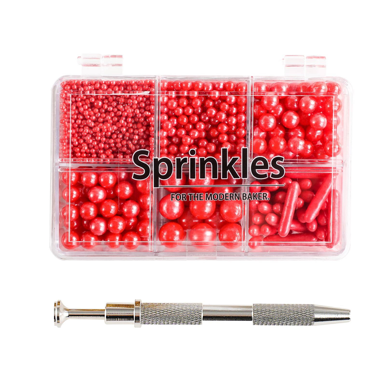 Kasvan Red Mix Sugar Sprinkles - Edible Candy Pearls with 4-Claw Sprinkle Pen,118g/4.16 Oz, Gift Box Pack, Baking Cake Decoratio