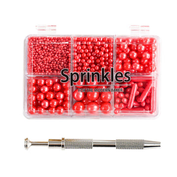 Kasvan Red Mix Sugar Sprinkles - Edible Candy Pearls with 4-Claw Sprinkle Pen,118g/4.16 Oz, Gift Box Pack, Baking Cake Decoratio