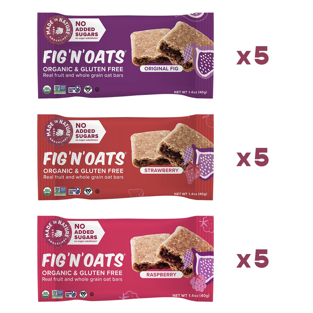 Made in Nature Organic Fig N Oat Bars, 1.4 Ounce 5 Count (3 Pack) - Original Fig, Raspberry, and Strawberry, Organic, Non-GMO, N