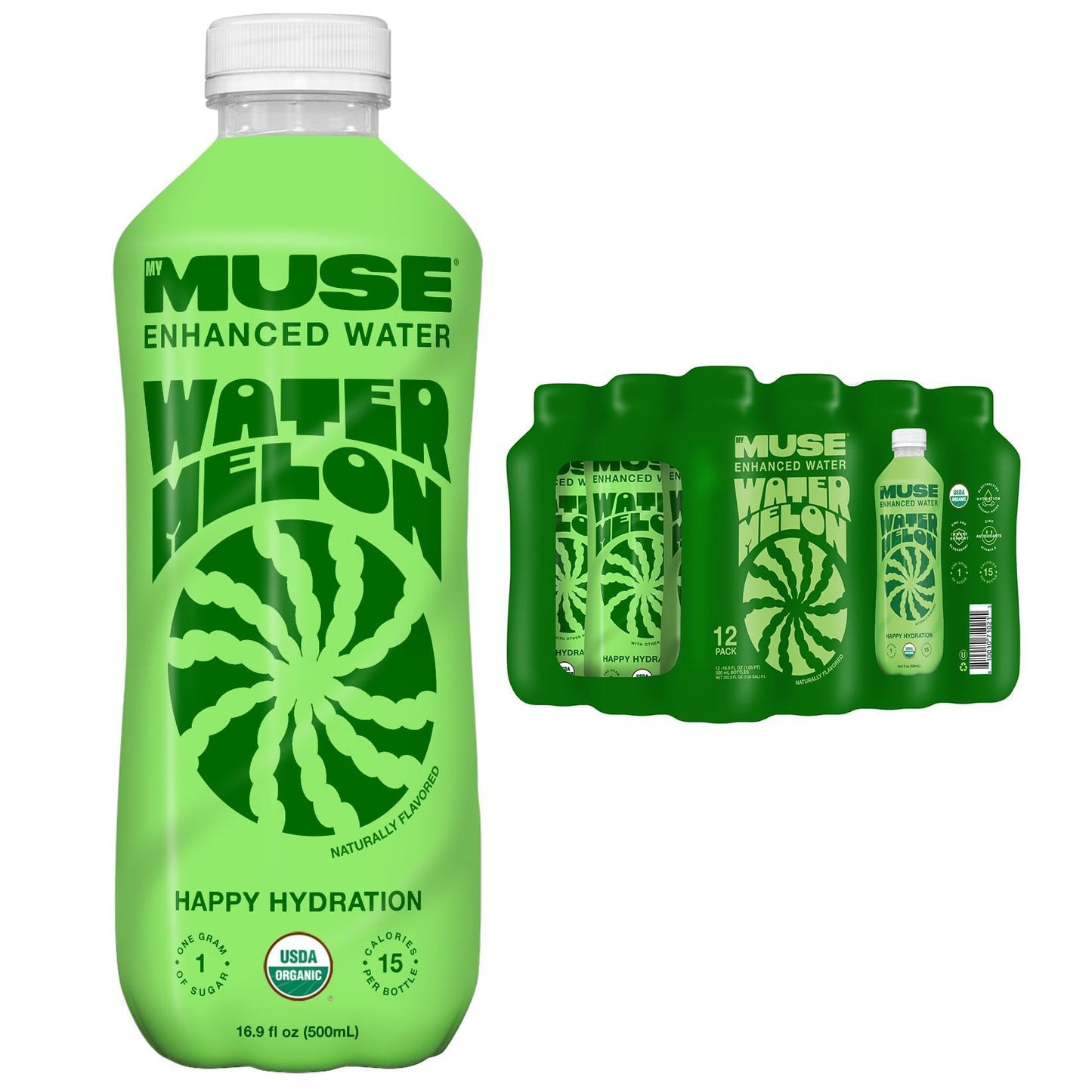 MyMuse Organic Enhanced Flavored Water, Watermelon, 16.9oz Bottle (12 pack), 1G of Sugar, Immune Support with Zinc & Elderberry,