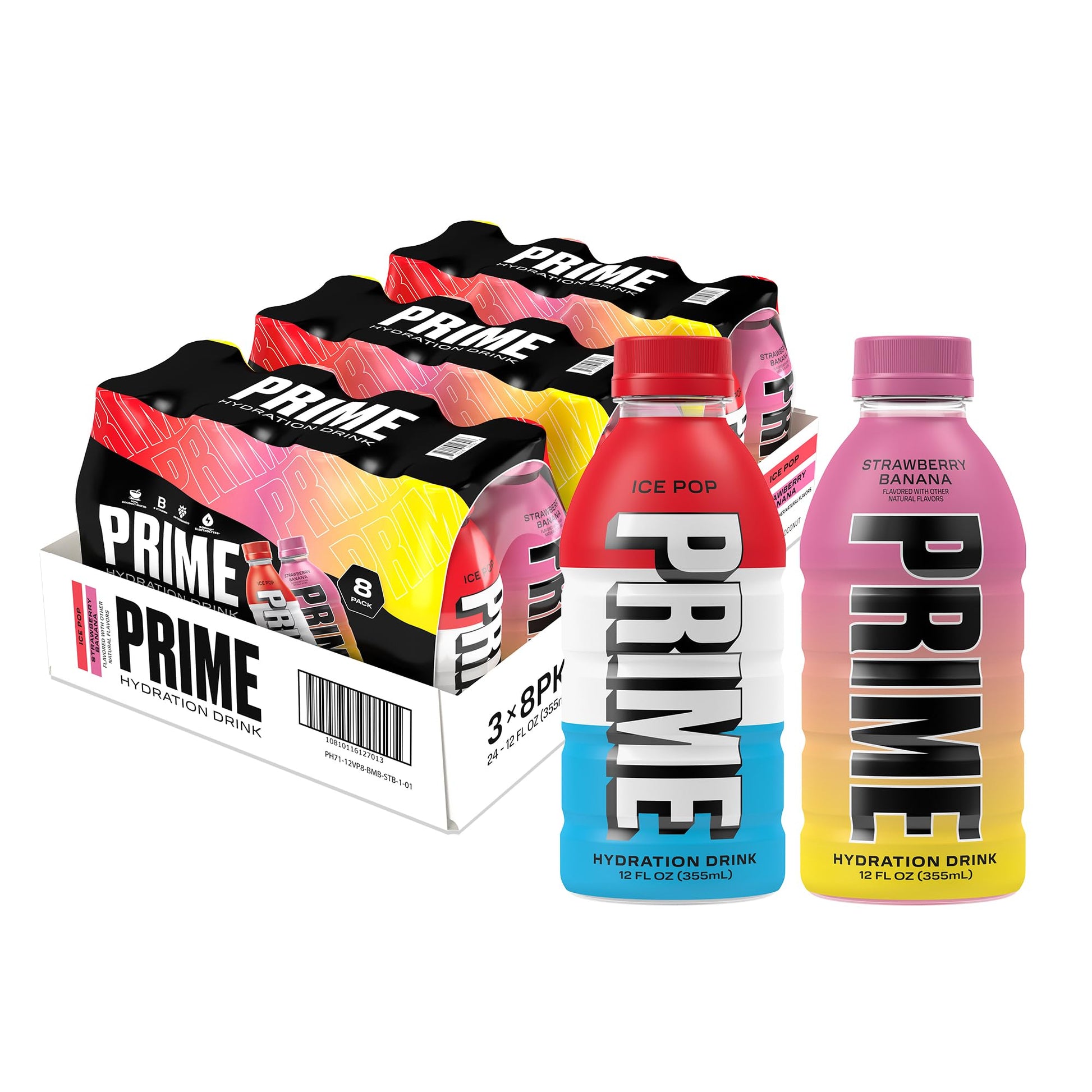 PRIME HYDRATION Sports Drinks - Ice Pop & Strawberry Banana, Electrolyte Enhanced, 250mg BCAAs, 12 Fl Oz (Pack of 24)